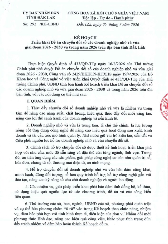 KH 292-UBND_ triển khai đề án chuyển đổi số các doanh nghiệp nhỏ và vừa 2026-2030
