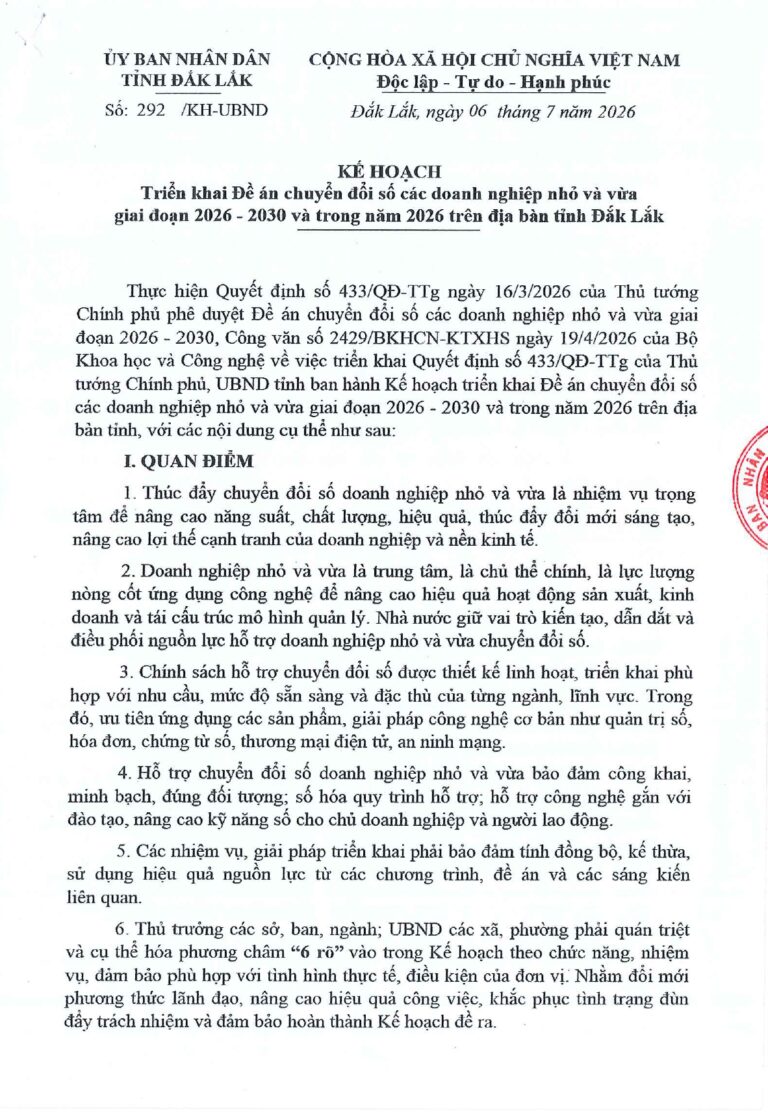 KH 292-UBND_ triển khai đề án chuyển đổi số các doanh nghiệp nhỏ và vừa 2026-2030