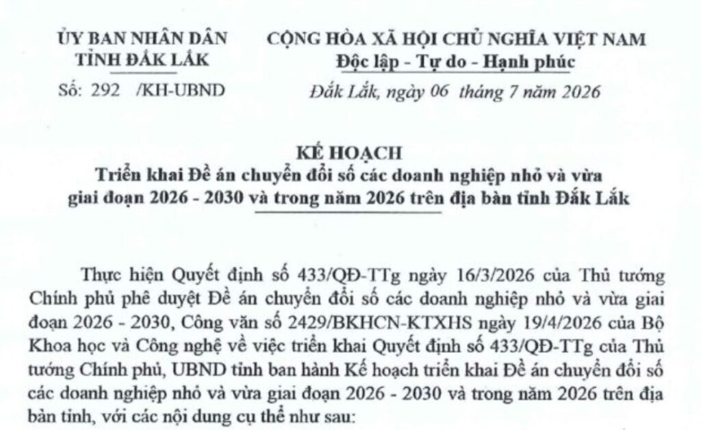 KH 292-UBND_ triển khai đề án chuyển đổi số các doanh nghiệp nhỏ và vừa 2026-2030