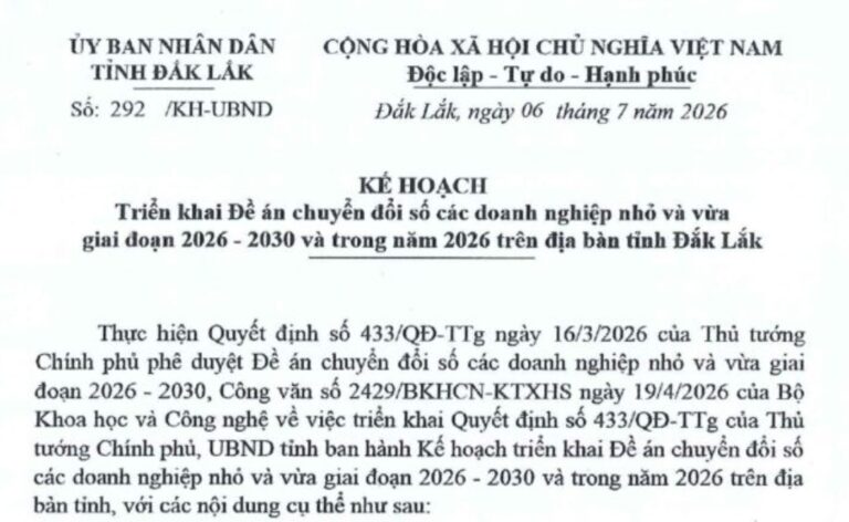 KH 292-UBND_ triển khai đề án chuyển đổi số các doanh nghiệp nhỏ và vừa 2026-2030